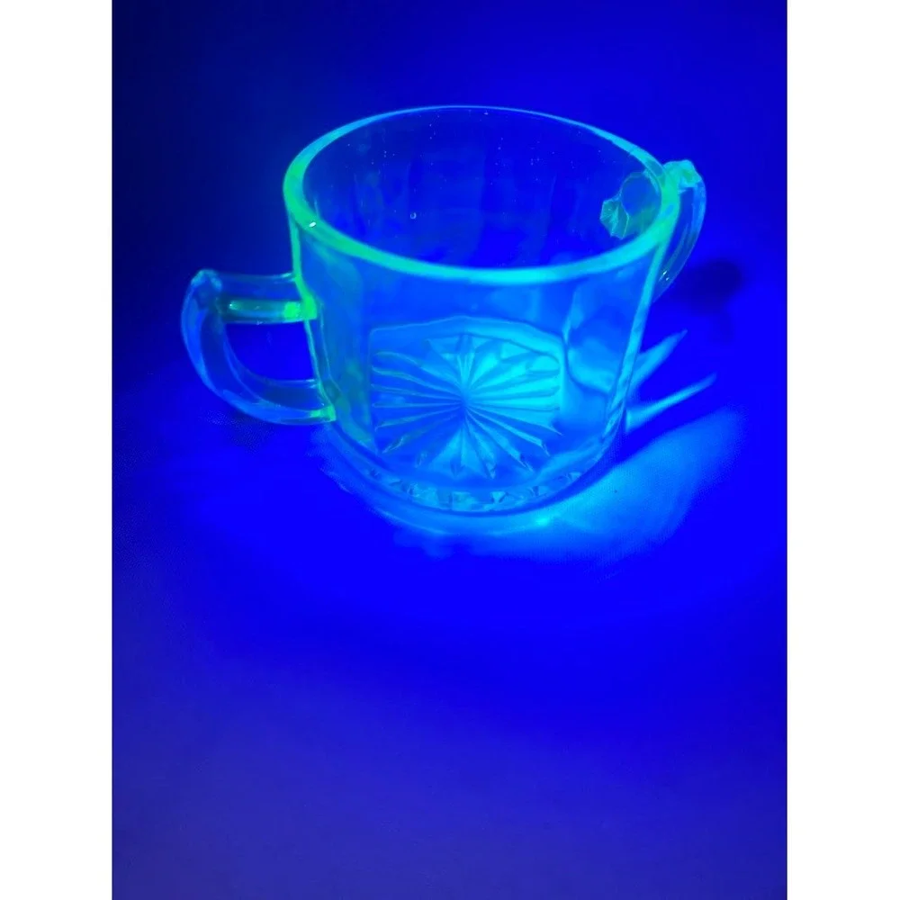 Vintage Uranium Glass Creamer and Sugar Bowl Set Paneled Starburst UV Reactive
